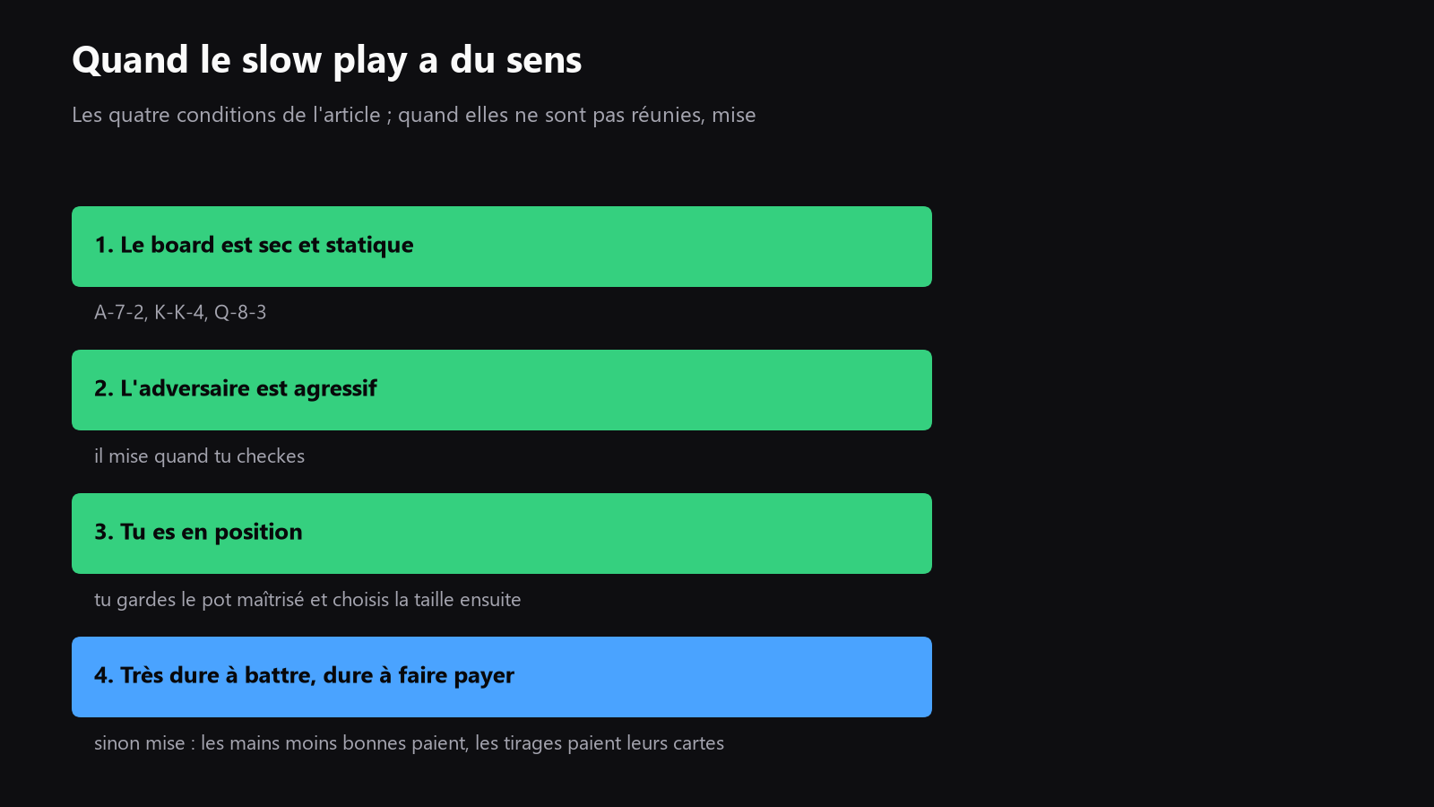 un petit arbre de décision simple, de la texture du board et du type d’adversaire vers miser ou piéger, avec les questions clés affichées