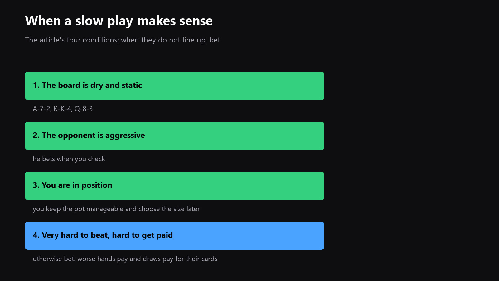a simple decision chart, from board texture and opponent type to bet or trap, with the key questions listed